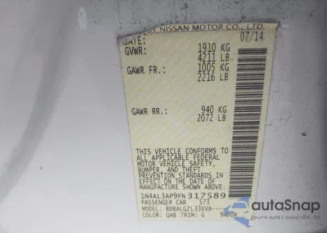 2015 Nissan Altima 2.5/2.5 S/2.5 Sl/2.5 Sv from USA, damaged, VIN 1N4AL3AP9FN317589